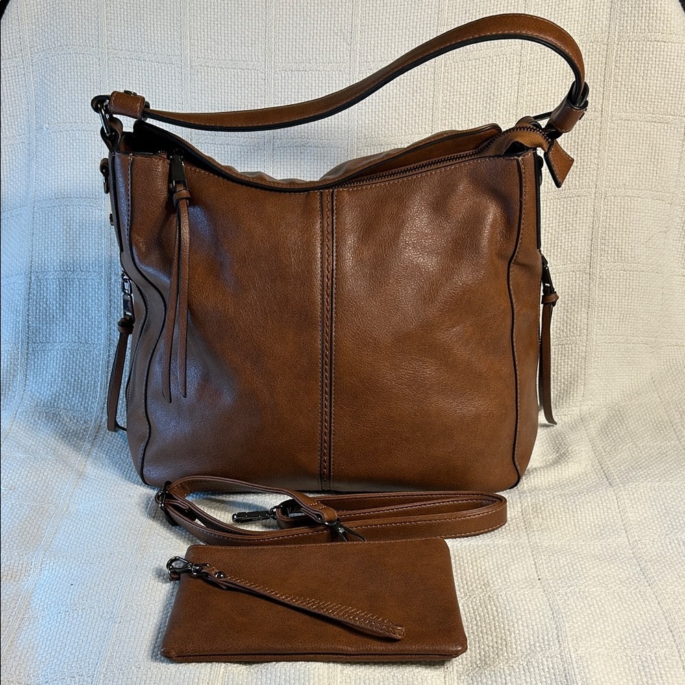 Brown Faux Leather Shoulder Bag With Matching Wristlet and Crossbody Strap